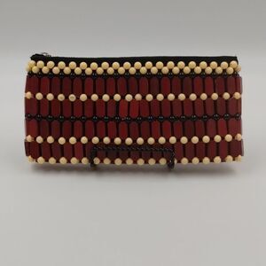 Wood Beaded Boho Clutch Purse Reddish Brown, Black, and Cream
